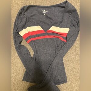 Hollister Navy V-Neck Top with Red and Cream Stripes
